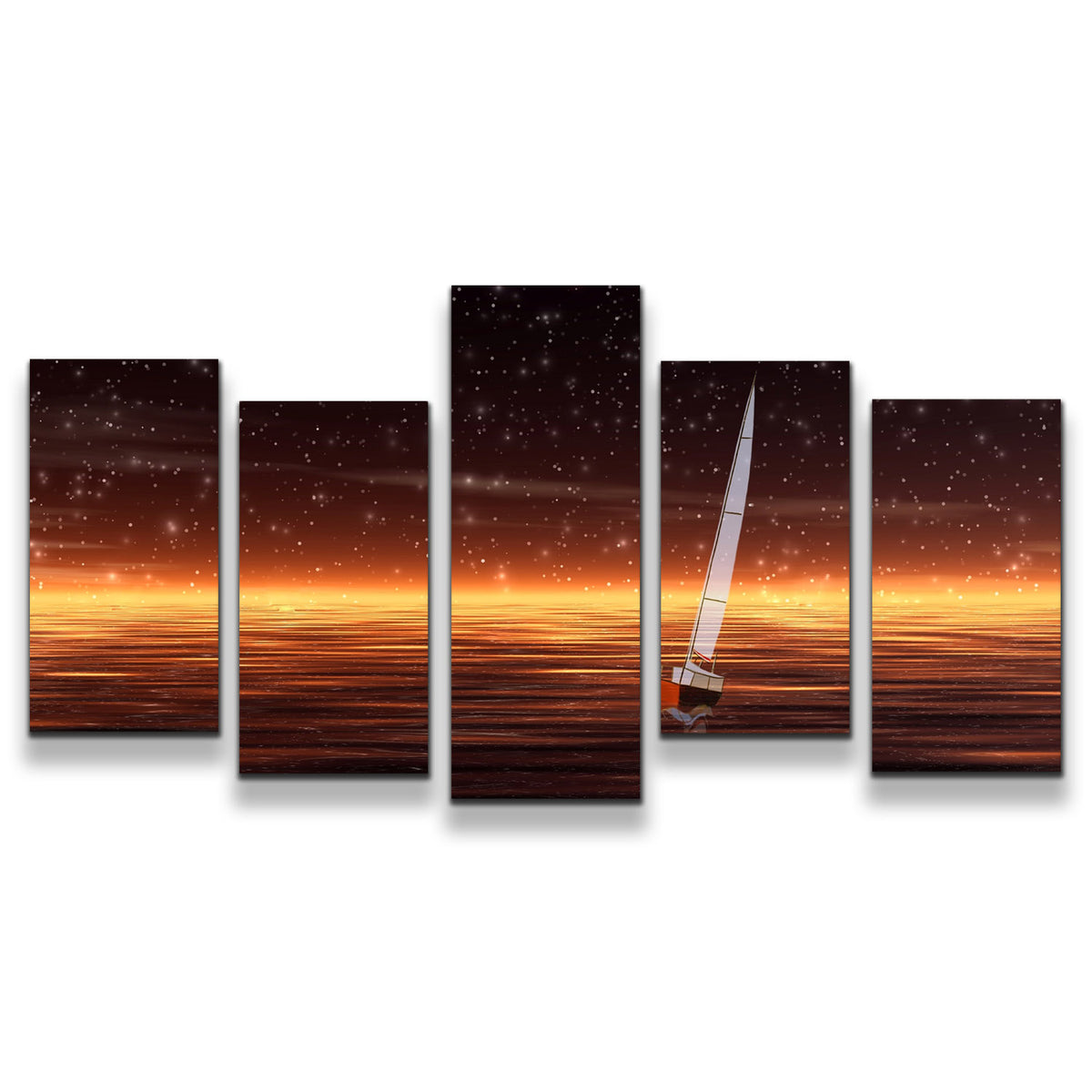 5 Piece Artwork Wall Art of Modern Sailboat Seascape Night Stars and