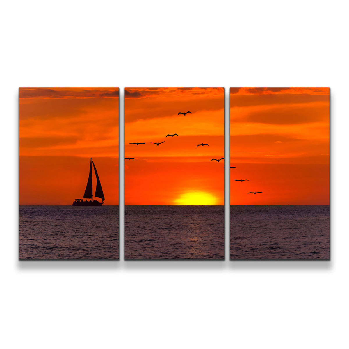 Sailing Boat Canvas Wall Art, Yellow Sunset Seascape Multi Canvas Artw
