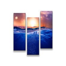 Load image into Gallery viewer, Ocean Deep Canvas Wall Art, Deep Blue Water Triptych Canvas Set, Beautiful Tropical Orange Sunset 3 Piece Canvas Print
