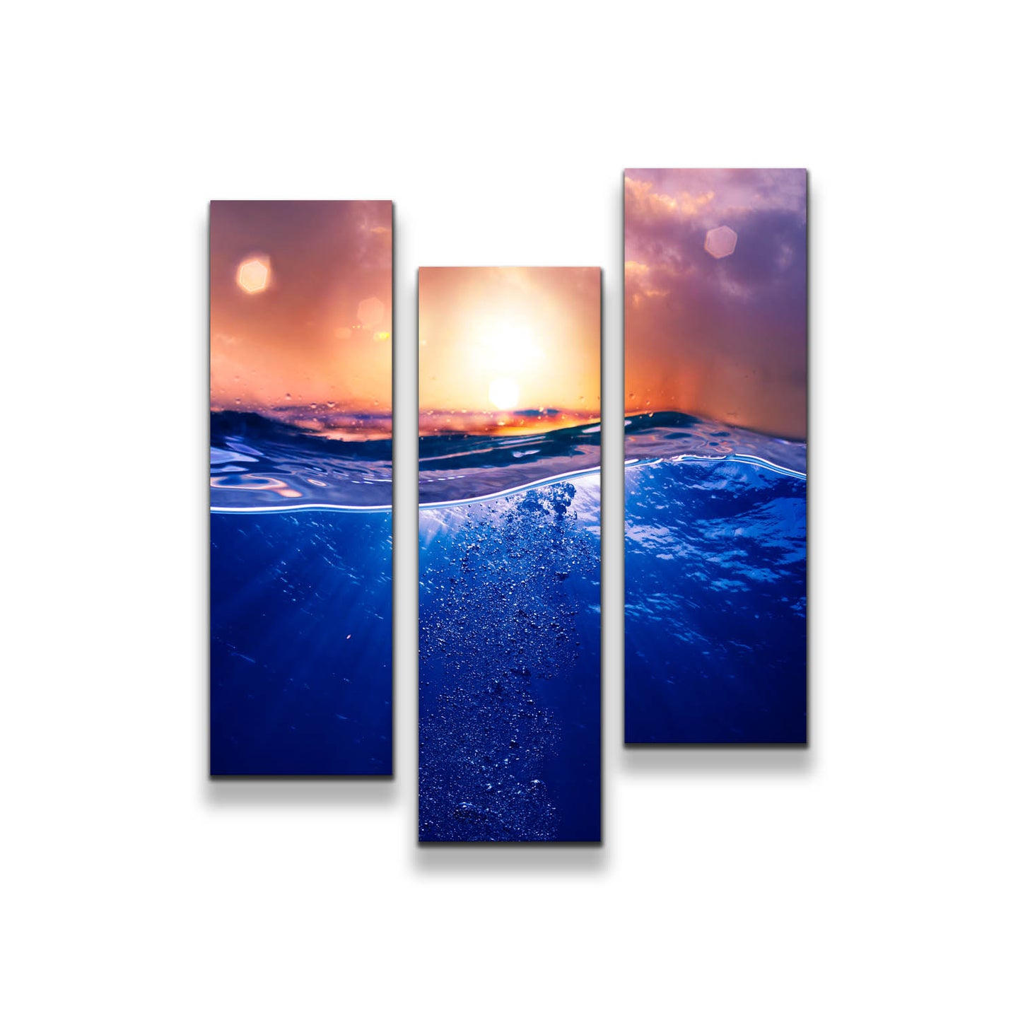 Ocean Deep Canvas Wall Art, Deep Blue Water Triptych Canvas Set, Beautiful Tropical Orange Sunset 3 Piece Canvas Print