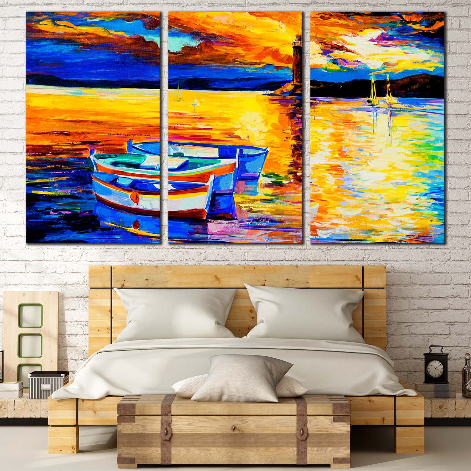 Boat Ship Canvas Wall Art, Yellow Orange Ocean Lighthouse Reflection 3 –  Dwallart