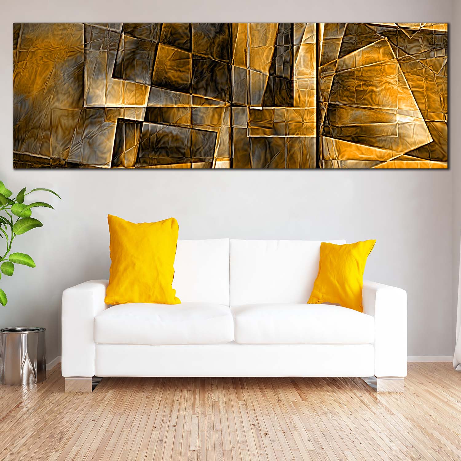 Squares Abstract Canvas Wall Art Yellow Grey Abstract Panoramic